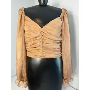 Whimsical Fairy Iridescent Top Size M Peach Puff Sheer Sleeve Smocked Back Boho